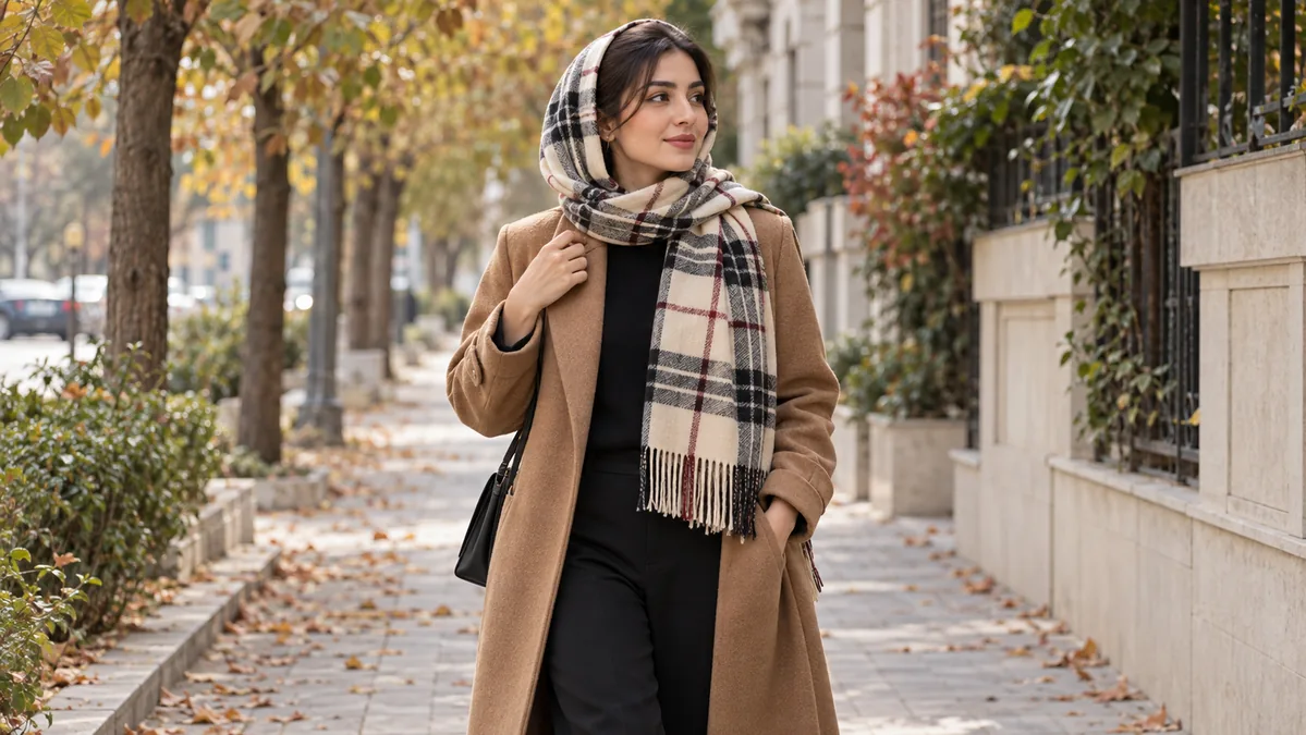 استایل پاییزی زنانه با شال چهارخانه کرم و مشکی و پالتوی شتری
