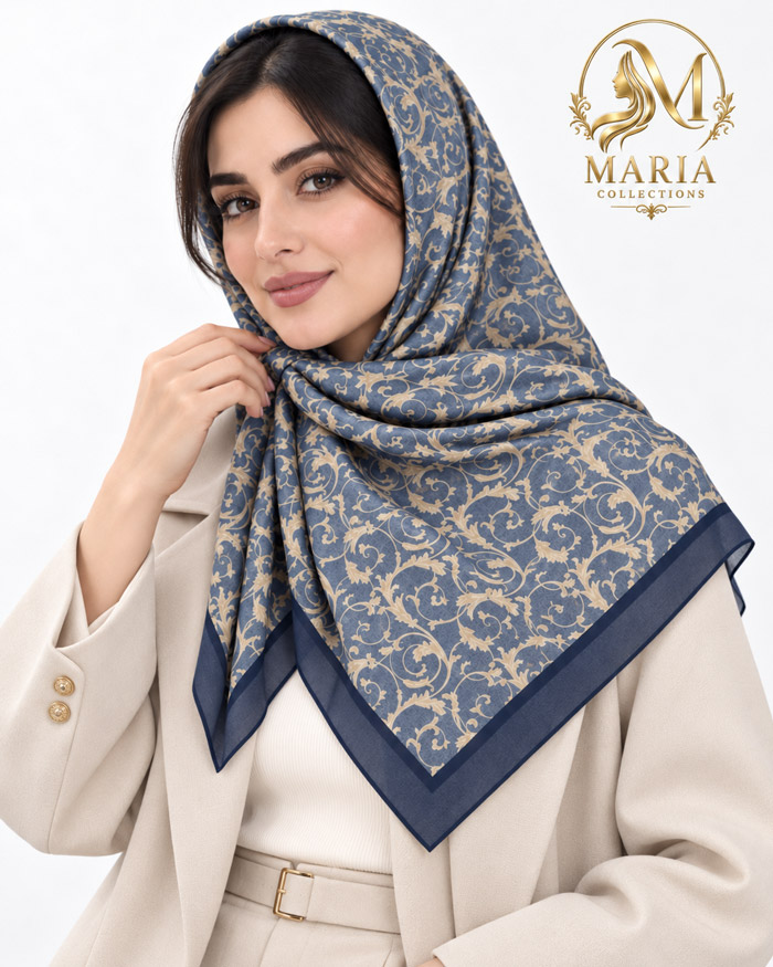 روسری نخی قواره ۱۲۰ زنانه رنگ سرمه‌ای طرح‌دار