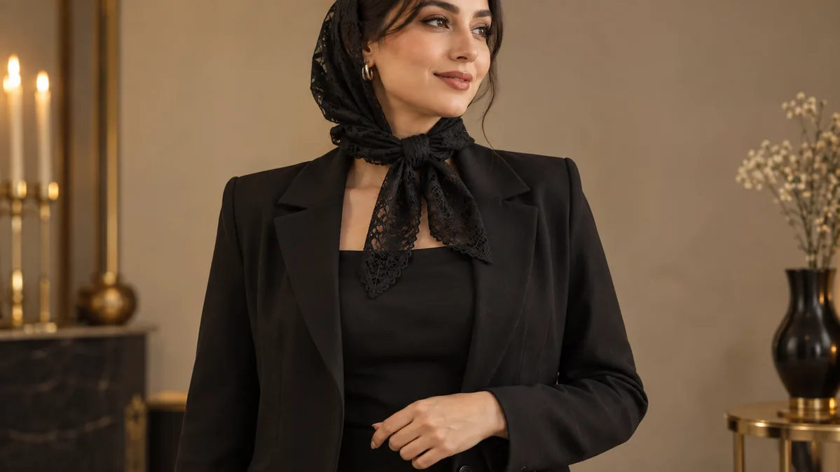 استایل مجلسی ساده با مینی اسکارف مشکی و لباس خنثی