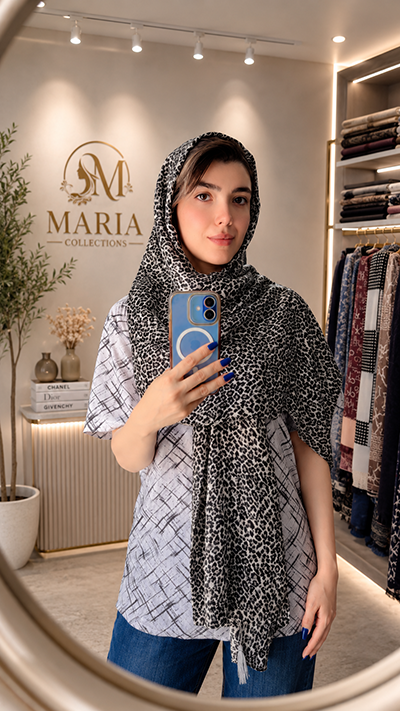 شال پلنگی نخی زنانه رنگ توسی با ایستایی عالی روی سر