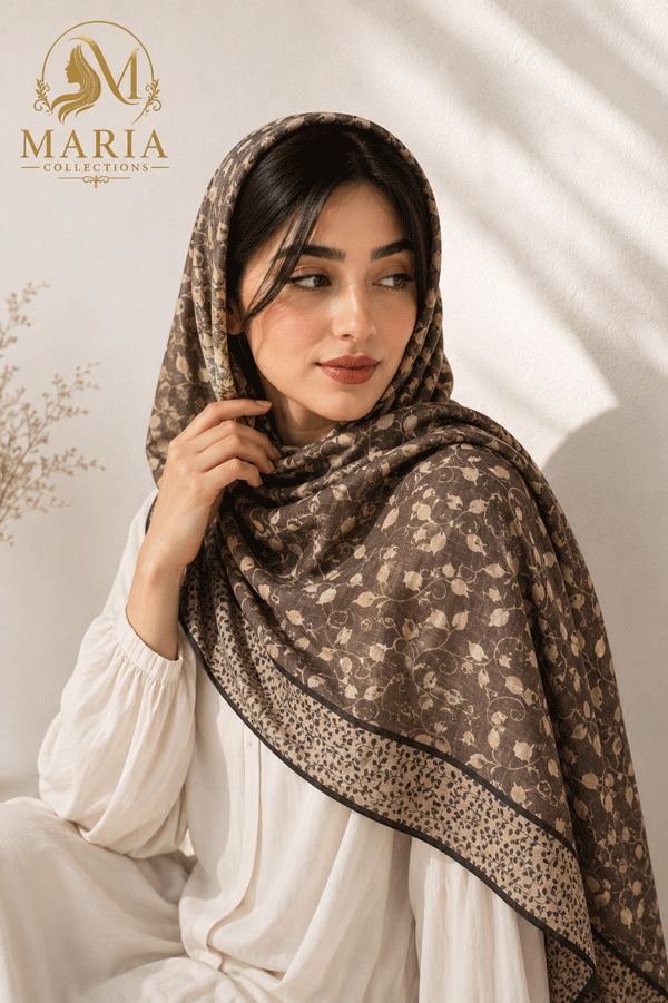روسری مجلسی طرح ترمه قهوهای قواره بزرگ Maria Collections