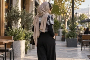 استایل روزمره با تاپ راه‌راه، شلوار مشکی و شال کرم در فضای شهری