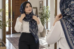 استایل زنانه با روسری طرحدار سرمهای و لباس ساده