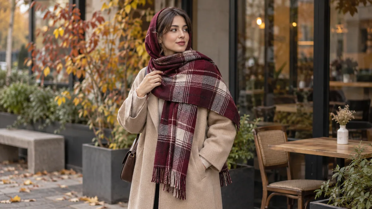 استایل پاییزی با شال چهارخانه زرشکی و کرم و مانتوی کرم