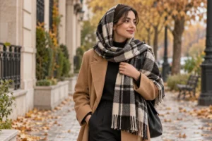 استایل پاییزی با شال چهارخانه مشکی و کرم در کنار پالتوی شتری