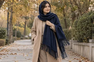 استایل پاییزی با شال سرمه‌ای ریش‌دار و پالتوی کرم