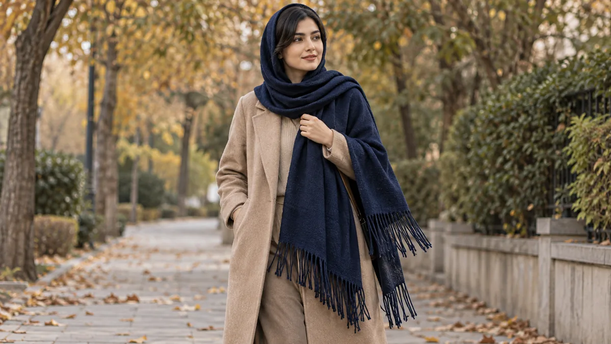 استایل پاییزی با شال سرمه‌ای ریش‌دار و پالتوی کرم