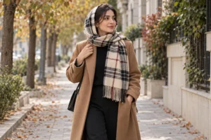 استایل پاییزی زنانه با شال چهارخانه کرم و مشکی و پالتوی شتری